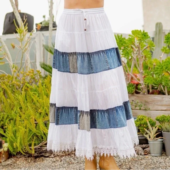 Young Threads Denim Patchwork Tiered Maxi Skirt XL Boho - Picture 3 of 6